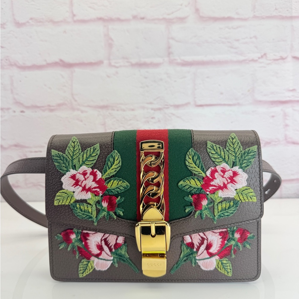 Gucci Sylvie Brown Chain Floral Embroidered Belt Bag